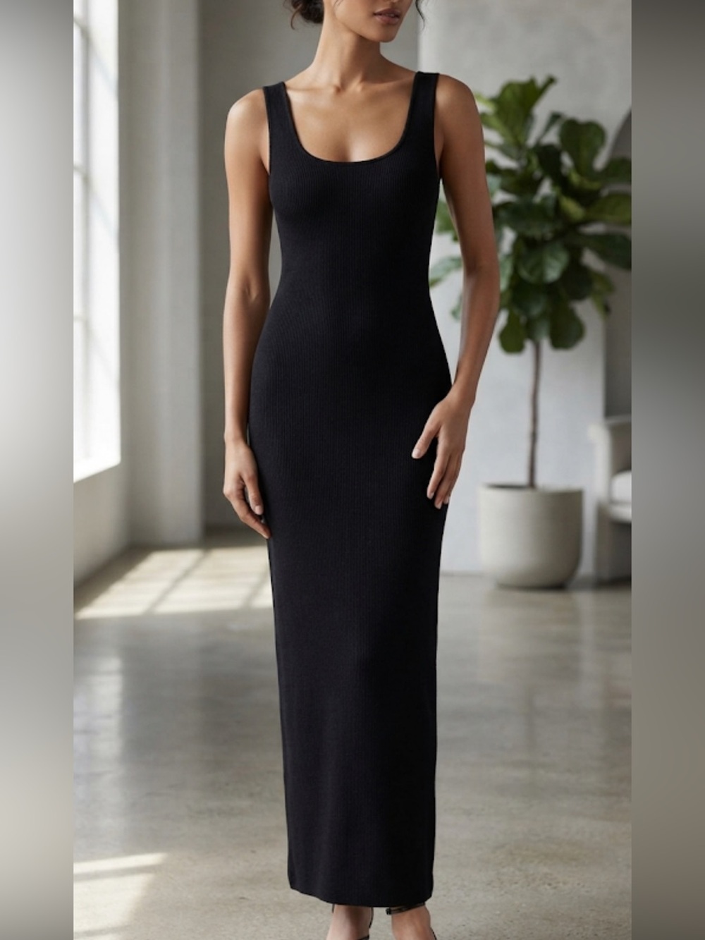 Alex Evenings Black Ribbed Tank Maxi Dress